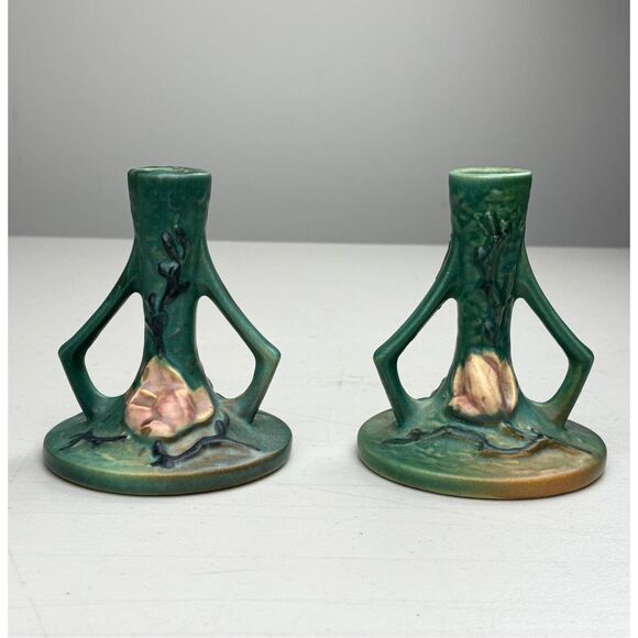 Antique Roseville Art Pottery 1157 Magnolia Pattern Candle Stick Holder Pair EW2 - Picture 3 of 8